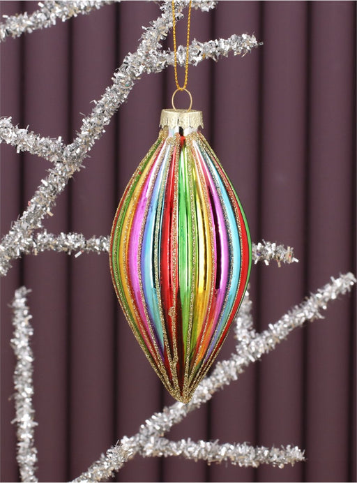 Christmas Hanging Rainbow Ribbed Shiny Glass Olive Decoration (12cm)