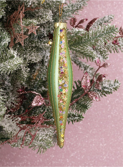 Christmas Hanging Matt Green Teardrop w Multi Sequin Stripes Decoration (18cm)