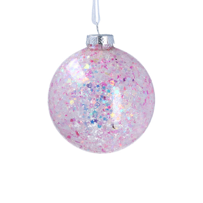 Christmas Hanging Bauble Two-Tone Pink Confetti Filled Glass Ball 8cm