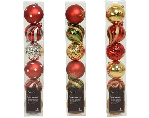 6 Pack Christmas Baubles Shatterproof Shiny, Matt & Glitter Mix (15 cm)