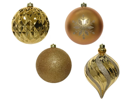 6 Pack Bauble in Gold with Shiny, Matt, Glitter Mix (15 cm)