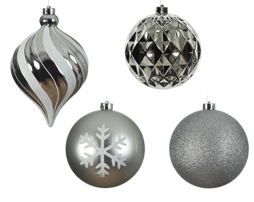 6 Pack Bauble in Silver with Shiny, Matt, Glitter Mix (15 cm)