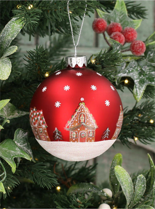 Christmas Hanging Matt Red Glass Ball with Gingerbread House Decoration (8cm)