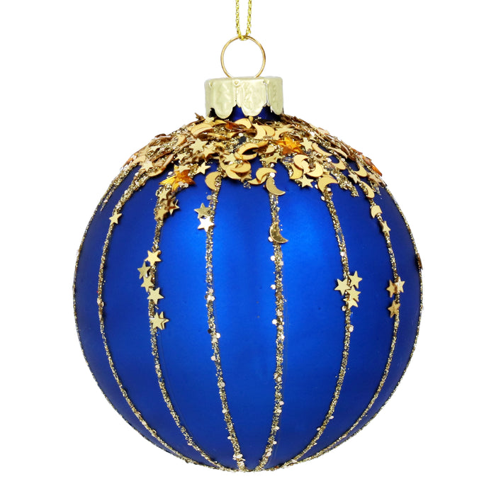 Christmas Hanging Bauble Matt Blue Glass with Gold Sequin Top/Stripes 8cm