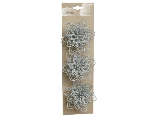 Decorative Flower With Silver Glitter On Clip (Pack of 3 | 10x3 cm)