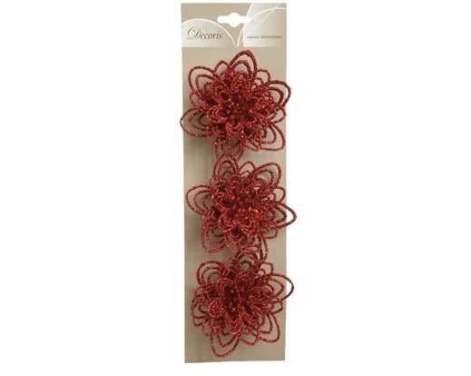 Decorative Flower With Red Glitter On Clip (Pack of 3 | 10x3 cm)