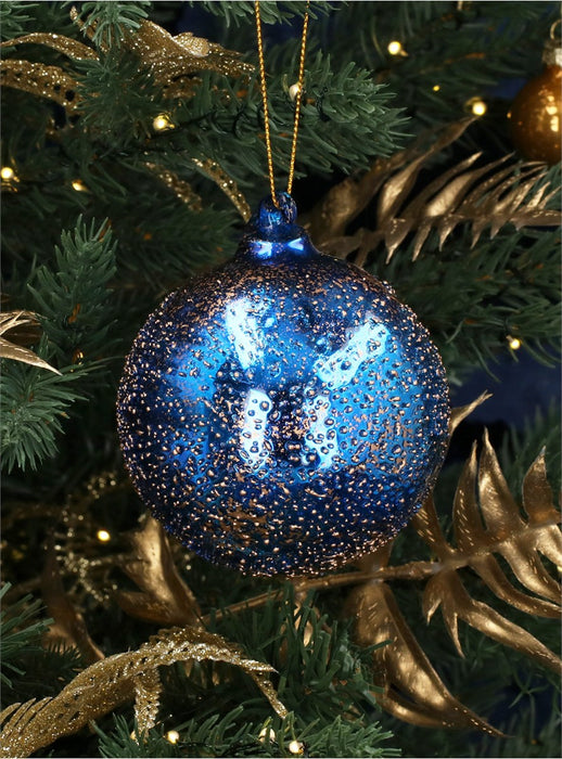 Christmas Hanging Blue Embossed Glass Bauble (8cm)