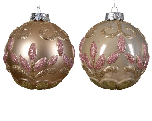 Bauble with Matt Flower Design | Beige and Pink (10 cm)