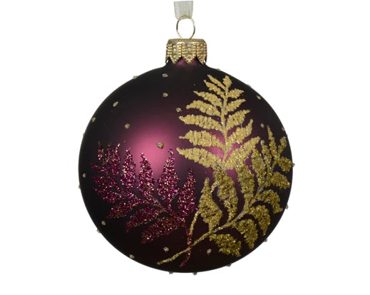 Hanging Christmas Fern Bauble Matte Mauve, Gold (8cm)