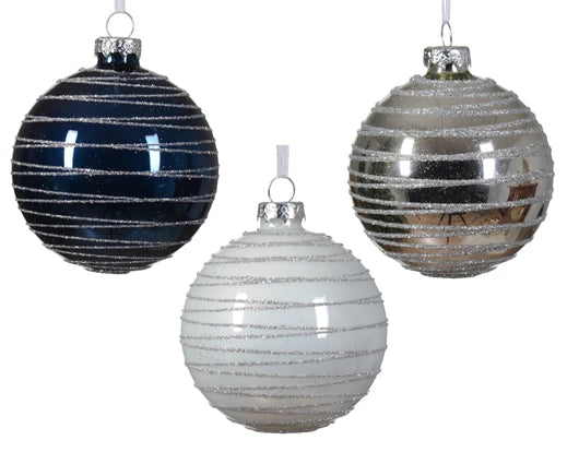 Hanging Christmas Bauble Glitter Swirl Navy/White/Silver (8cm)