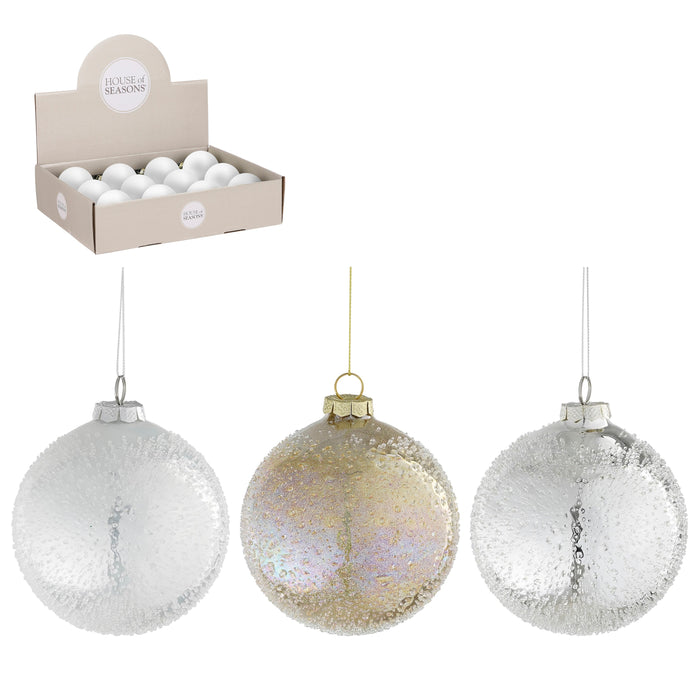 Christmas Hanging Bauble Silver/Gold/White Glass Glitter (10cm)