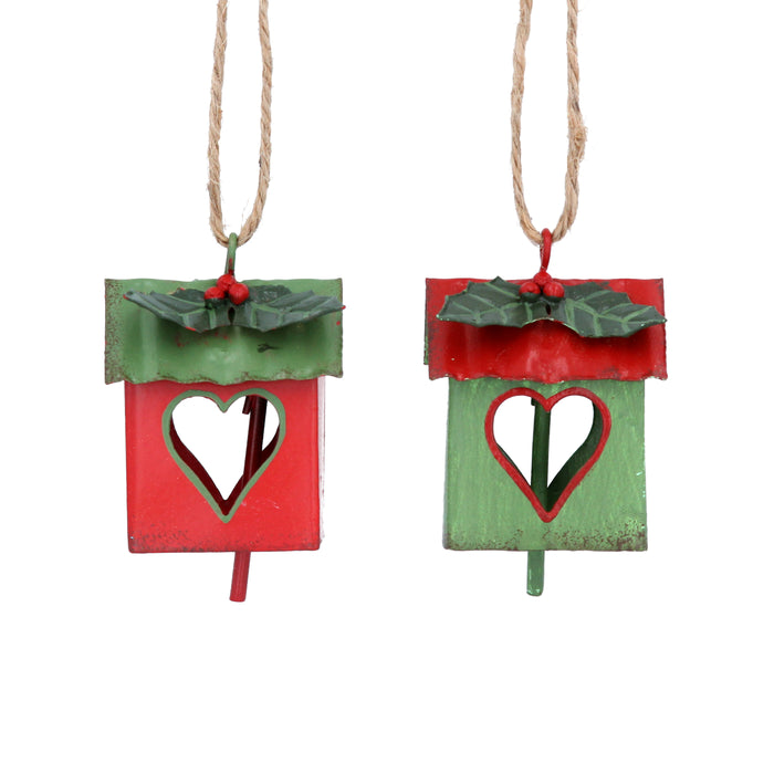 Red/Green Tin Birdhouse Hanging Christmas Decoration (6x4x3cm)