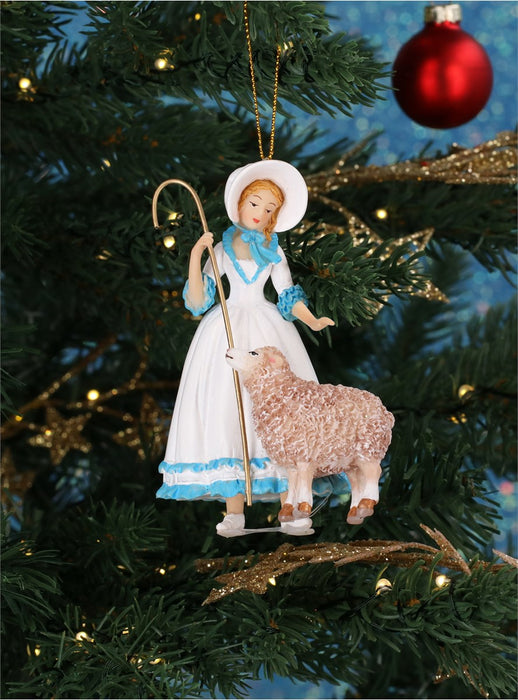 Christmas Hanging Blue/White Resin Bo Peep/Sheep Decoration (9cm)