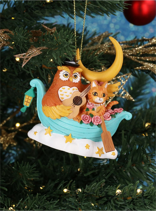 Christmas Hanging Resin Owl/Pussycat in Boat Decoration (8cm)