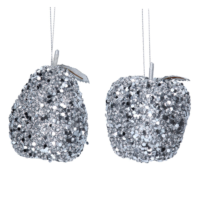 Apple Pear Hanging Christmas Decoration Silver (9cm x 7cm x 7cm)