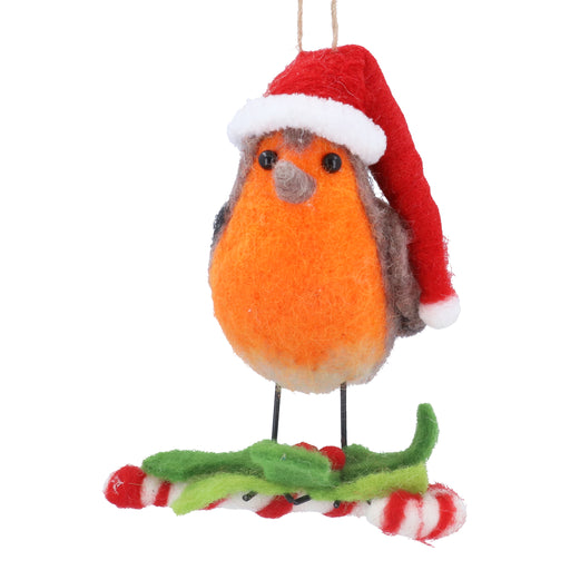 Christmas Hanging Mixed Wool Santa Robin on Candy Cane