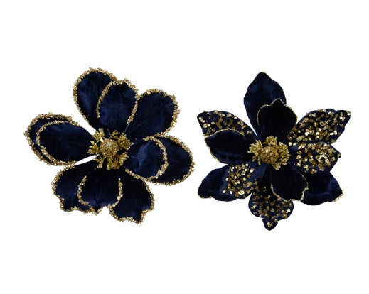 Decorative Magnolia Flower On Clip | Velvet Night Blue (24 cm)