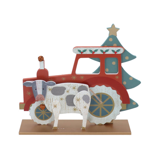 Christmas Wooden Tractor with Cow Ornament