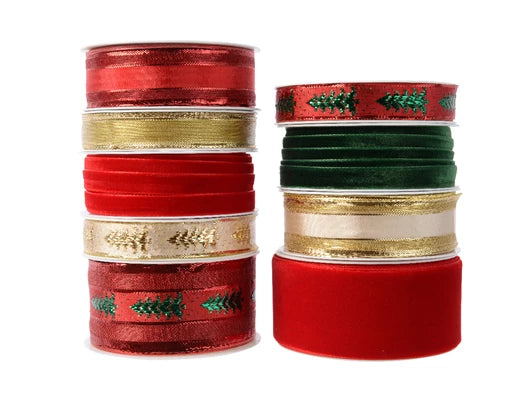 Ribbon Polyester - 9 Assorted Designs Red (L.400cm x W.1.5cm x H.0.01cm) - Sold Individually