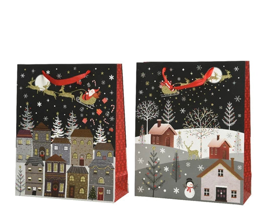 Christmas Gift Bag Paper Glitter Village with Handle (42x12 cm)