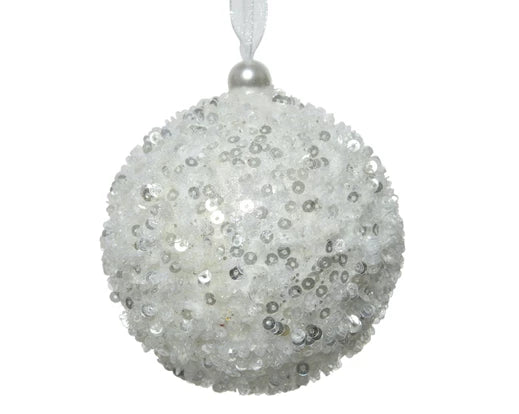 Bauble In Foam White with Sequins (8 cm)