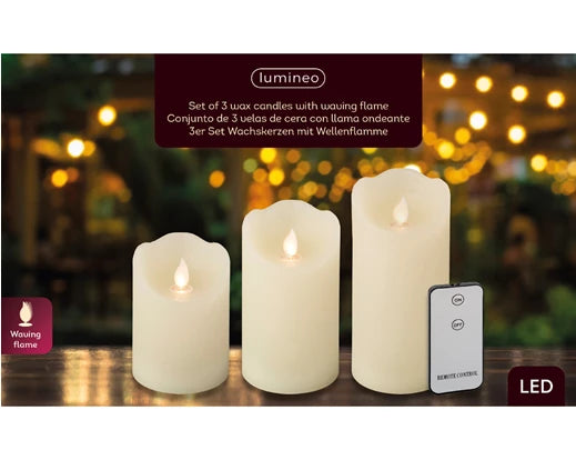 Lumineo LED Flameless 3 Pack Christmas Candle | Battery Operated with Remote (15x7.5 cm)