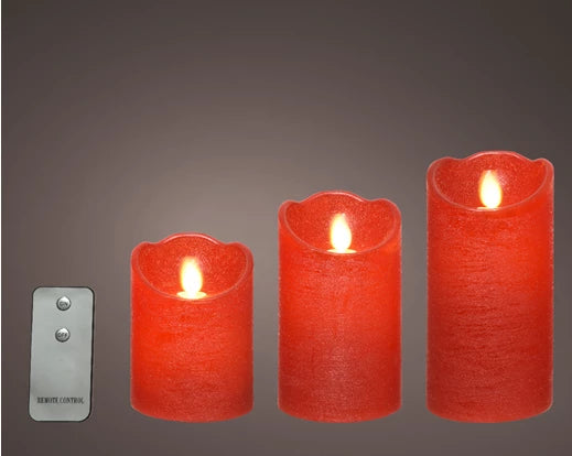 Lumineo LED Flameless 3 Pack Christmas Candle Red Wax Battery Operated with Remote