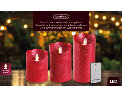 Lumineo LED Flameless 3 Pack Christmas Candle Red Wax Battery Operated with Remote