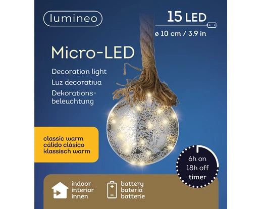 Lumineo Micro LED Ball With Steady Lights | Battery Operated -  Silver -Classic Warm (10 cm | 15 LED)