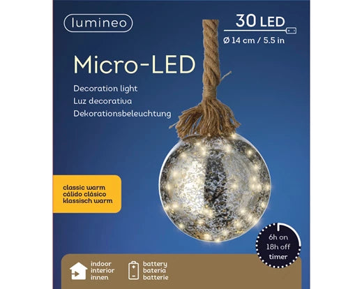 Lumineo Micro LED Ball With Steady Lights | Battery Operated -  Silver -Classic Warm (14 cm | 30 LED)