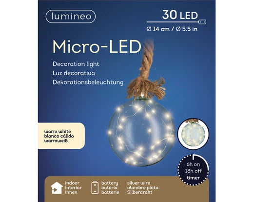 Lumineo Micro-LED Hanging Ball with Steady Lights | Warm White (14cm | 30 LED)