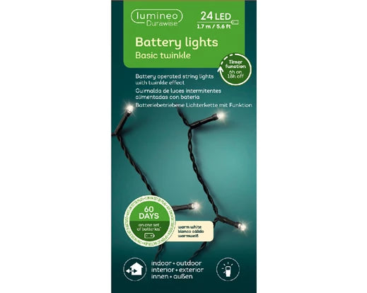 24 Lumineo Durawise Battery Christmas Lights Warm White LED 1.72M Black Cable