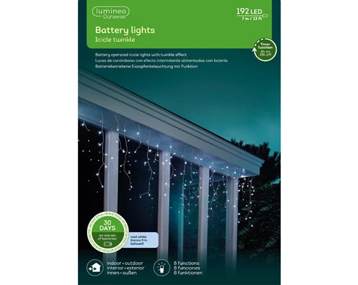 192 Lumineo Durawise Icicle Lights Twinkle Effect White and Cool White Battery Operated 7 Meters