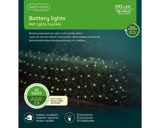 192 Lumineo Durawise Net Twinkle Lights | Battery Operated - Warm White 180cm