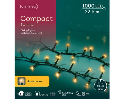 1000 Twinkle Compact Classic Warm White Christmas Lights with Green Cable 22.5m