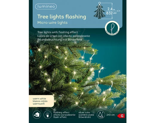 Illuminate your Christmas tree with this stunning Micro LED Tree Bunch featuring a flashing effect. With 832 warm white lights distributed across 16 strings, this 2.4-meter silver cable light set is designed to add a magical sparkle to your holiday decor. The micro wire lights are easy to arrange and offer a sleek, modern look that enhances the natural beauty of your tree. Ideal for indoor use, these lights create a cozy and festive atmosphere, perfect for the holiday season.  Material	Micro Wire, LED Light