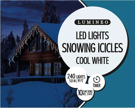 240 Lumineo LED With Snow Fall Effect Icicles Lights | Cool White - 580x70 cm