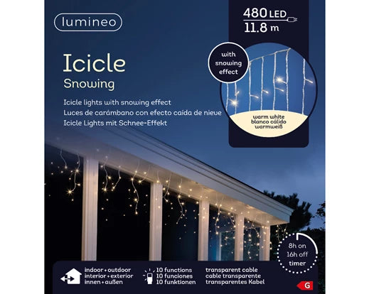 480 LED Lumineo Icicle Snowing Effect Lights Warm White - Transparent Cable (11.8 meters)