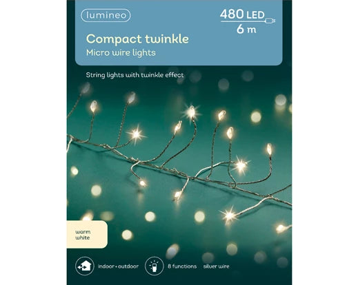 480 Lumineo Micro LED Compact Lights With Twinkle Effect | Warm White - Silver Cable 600cm