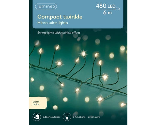 480 Lumineo Micro LED Compact Lights With Twinkle Effect | Warm White - Green Cable 600cm