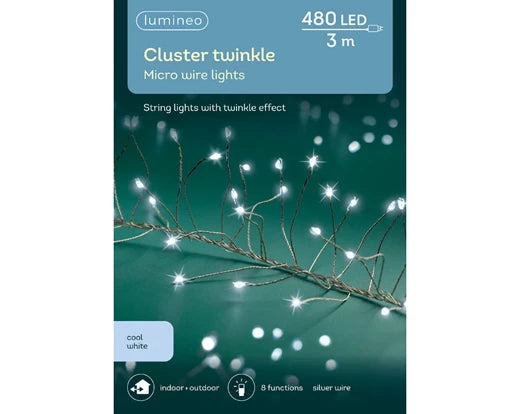 480 Lumineo Micro LED Cluster Lights With Twinkle Effect | Cool White - Silver Cable 300cm