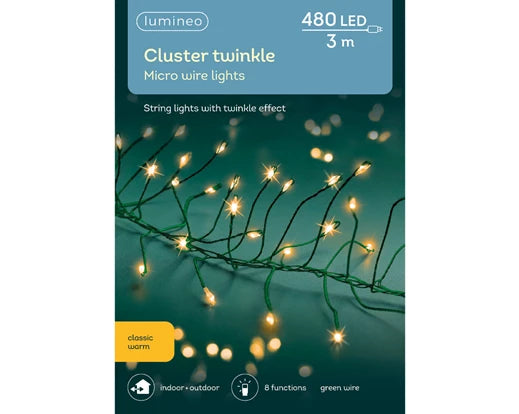 480 Lumineo Micro LED Cluster Lights With Twinkle Effect | Green Cable & Classic Warm 300cm