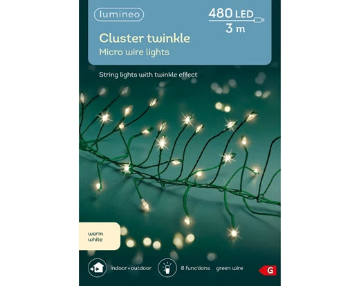 480 Lumineo Micro LED Cluster Lights With Twinkle Effect | Warm White - Green Cable 300cm