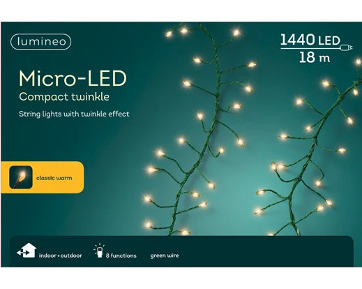 1440 LED Lumineo Micro-LED Compact Twinkle Classic Warm White Christmas Lights 18 Meters Green Cable