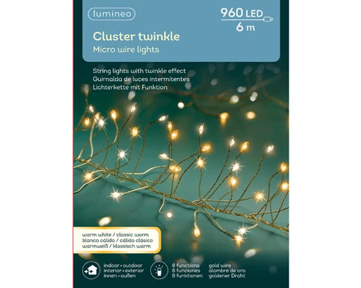 480 Lumineo Micro LED Compact Lights With Twinkle Effect | Warm White & Classic White - Gold Cable 600cm