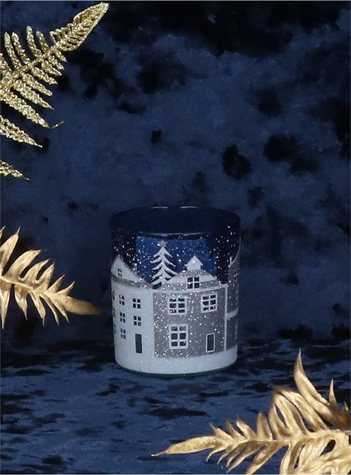 Christmas Blue/White Glass Street Scene TeaLight Pot, Small (8cm x 7cm)