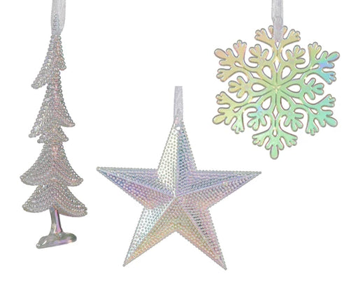 Christmas Hanging Decoration Assortment - Tree, Star, Snowflake Iridescent (L.0.8cm x W.10.5cm x H.10.5cm)