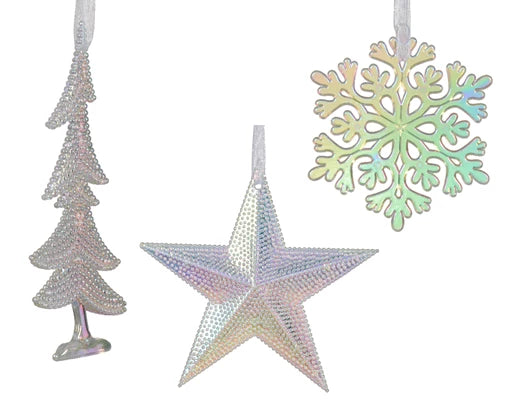 Christmas Hanging Decoration Assortment - Tree, Star, Snowflake Iridescent (L.0.8cm x W.10.5cm x H.10.5cm)