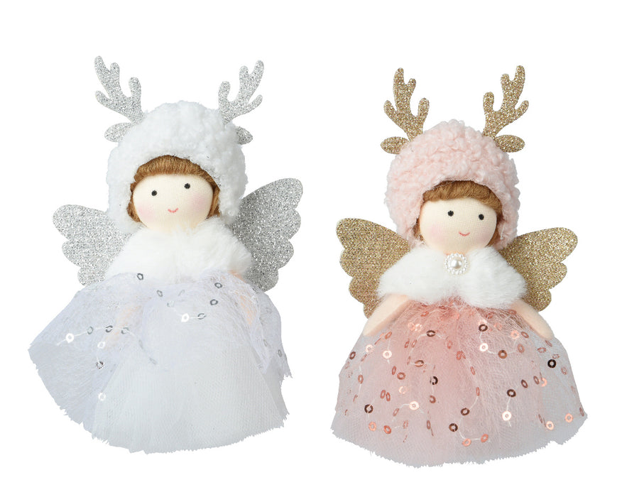 Christmas Angel With Antlers & Wings & Glitter White or Pink Hanging Decoration 13cm