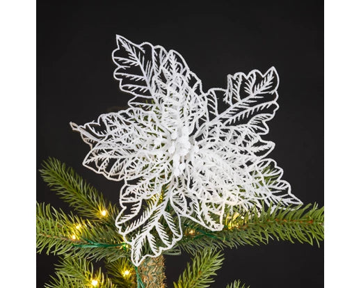 Poinsettia On Clip in White With Glitter (23 cm)